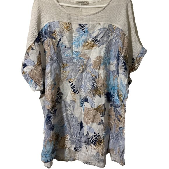 Lungo L'arno Blue Tan Floral Linen Pullover Blouse Size 3X - Picture 3 of 6
